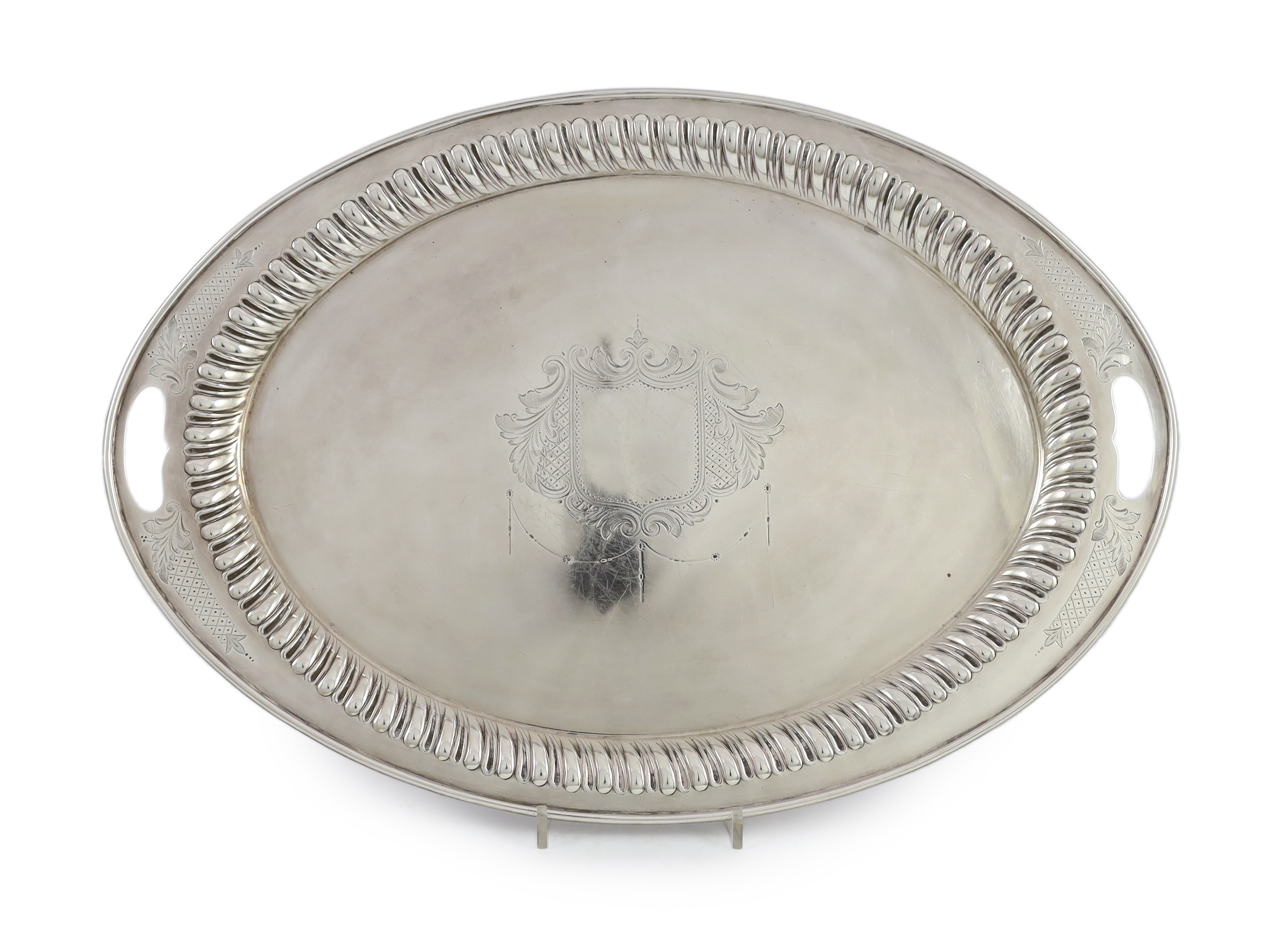 An Edwardian silver oval tray tea tray, by Barker Brothers